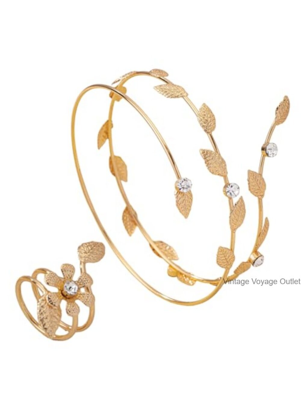Open Arm Cuff Bracelet & Ring Set Rhinestone Leaf Adjustable Alloy